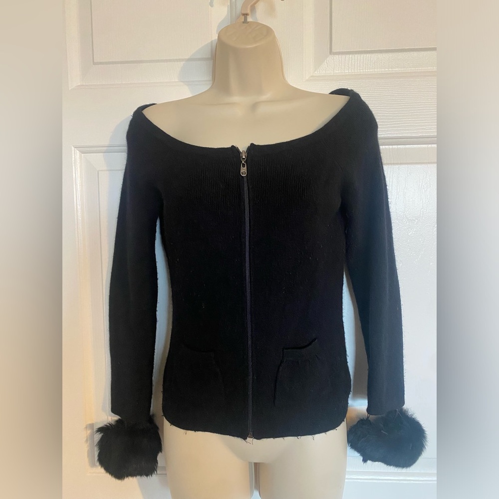 bebe Black Sweater Cardigan with Fur Cuffs